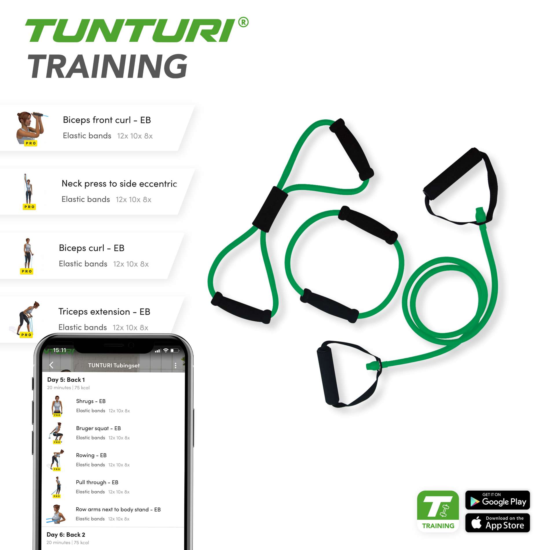 Võimlemiskomplekt TUNTURI Tubing set with grip, medium, roheline