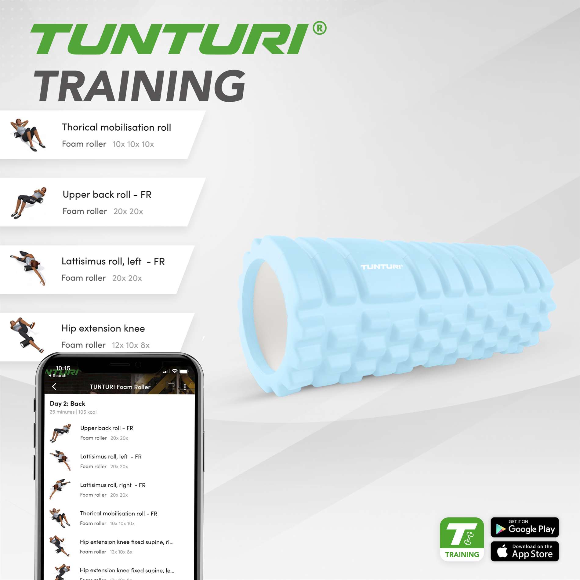 Massažirull TUNTURI Yoga Grid Foam Roller, 33cm, Light Blue