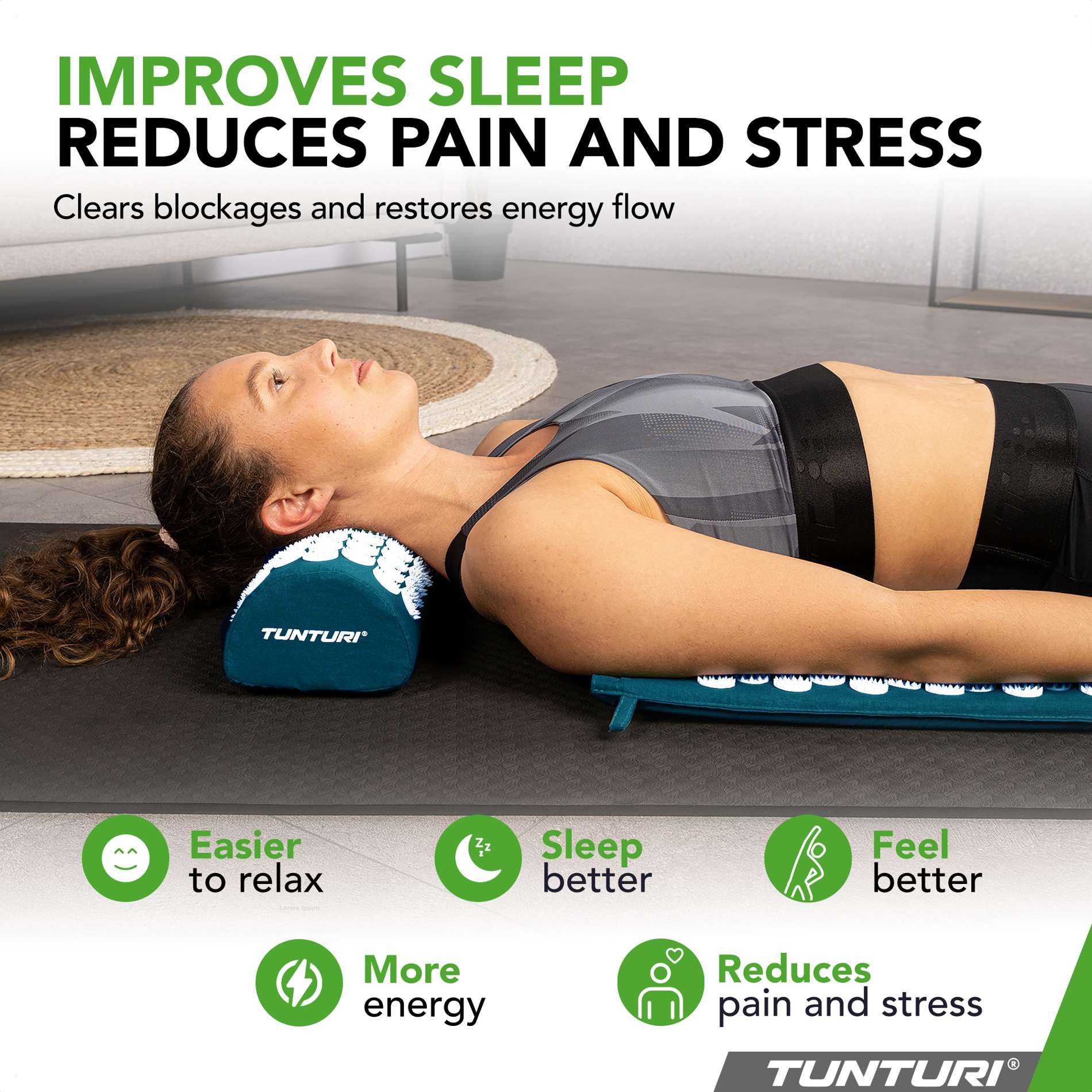 Akupunktuurimatt ja -padi TUNTURI Acupressure Mat And Pillow, Petrol Blue