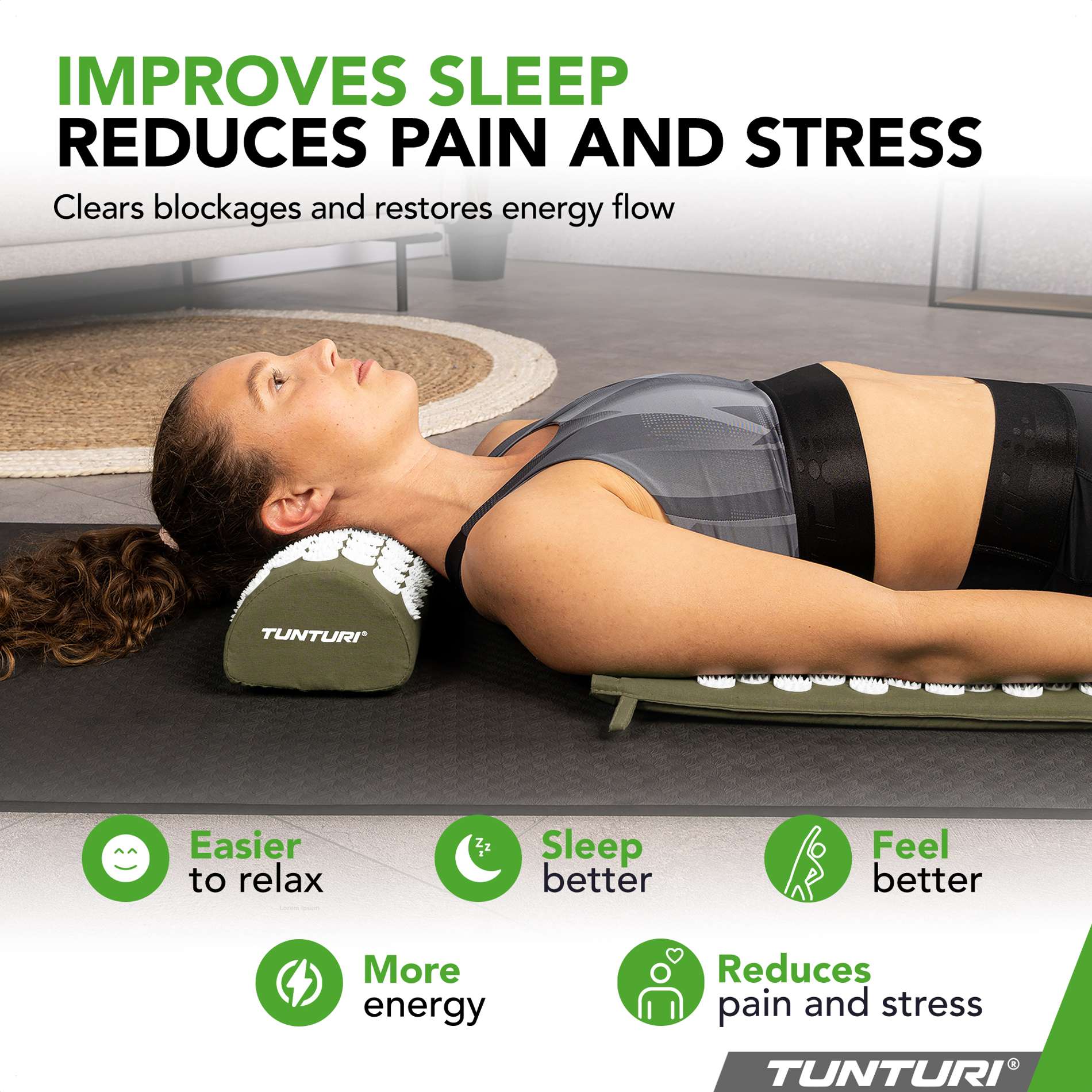 Akupunktuurimatt ja -padi TUNTURI Acupressure Mat And Pillow, Army Green