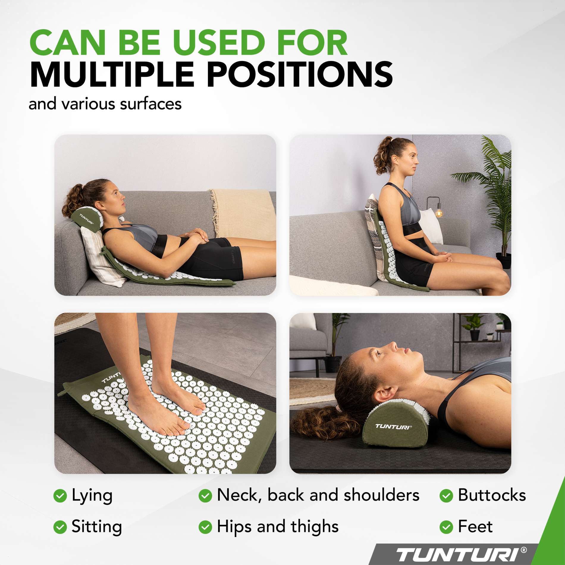 Akupunktuurimatt ja -padi TUNTURI Acupressure Mat And Pillow, Army Green