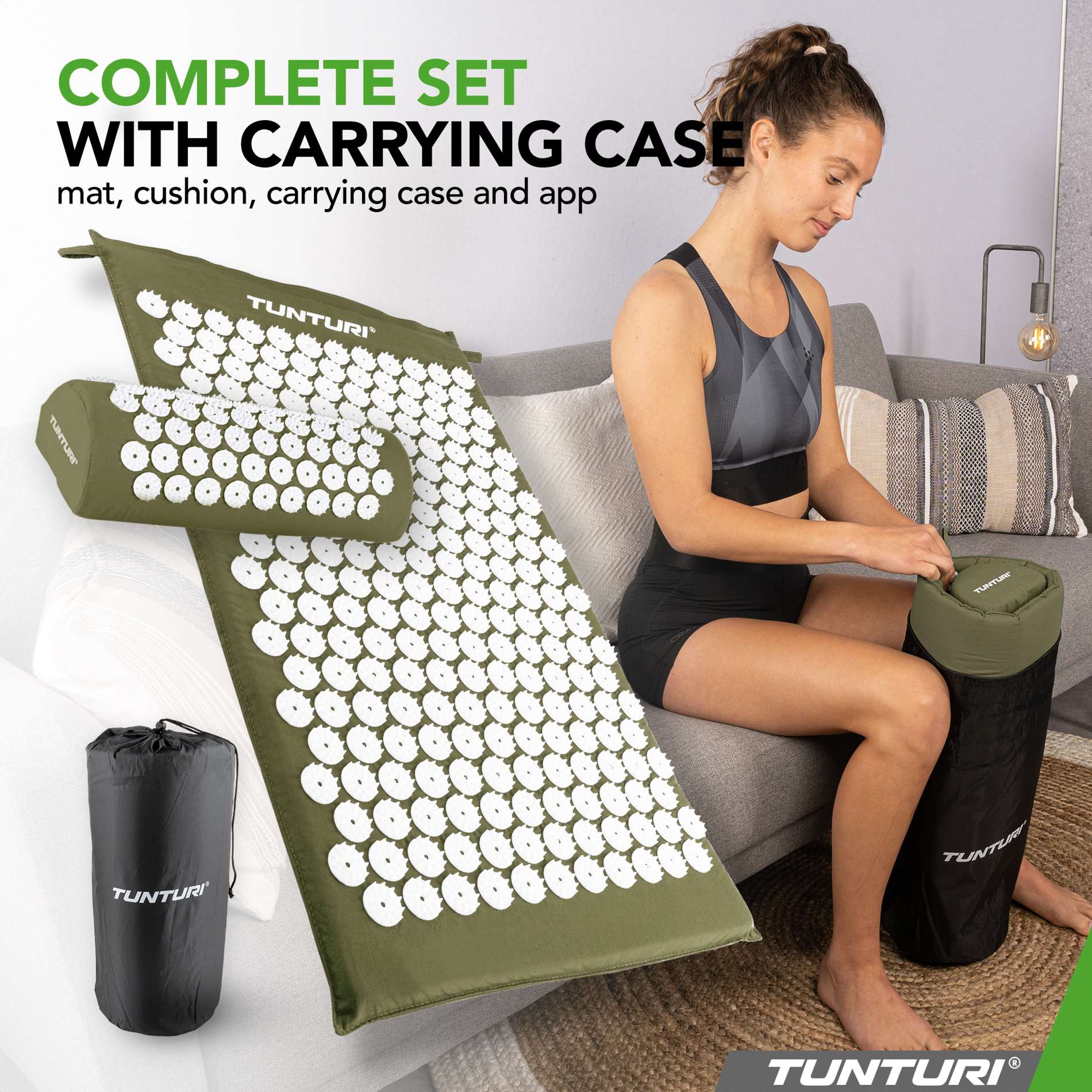 Akupunktuurimatt ja -padi TUNTURI Acupressure Mat And Pillow, Army Green