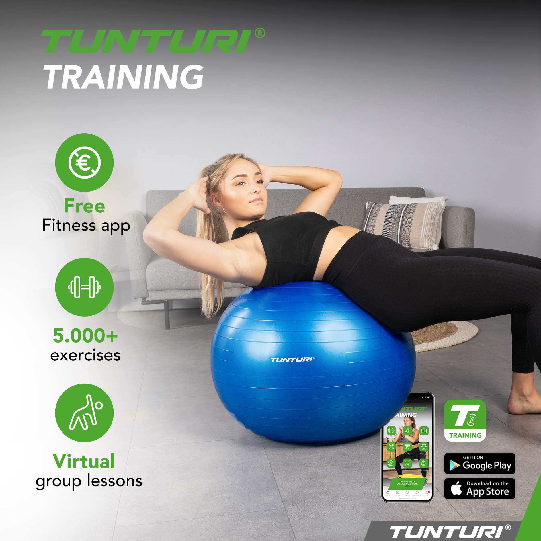 Võimlemispall TUNTURI Gymball 75 cm, Anti-Burst, Blue