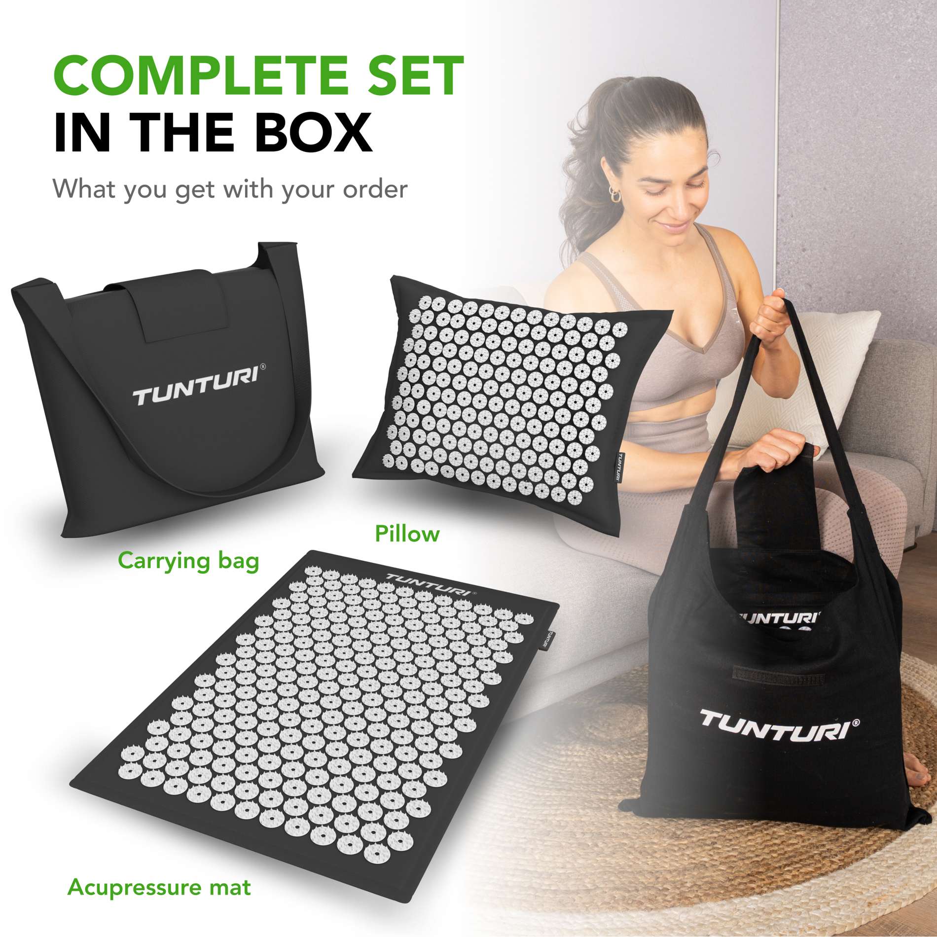 Akupunktuurimatt ja -padi TUNTURI PRO Acupressure Mat And Pillow, Black