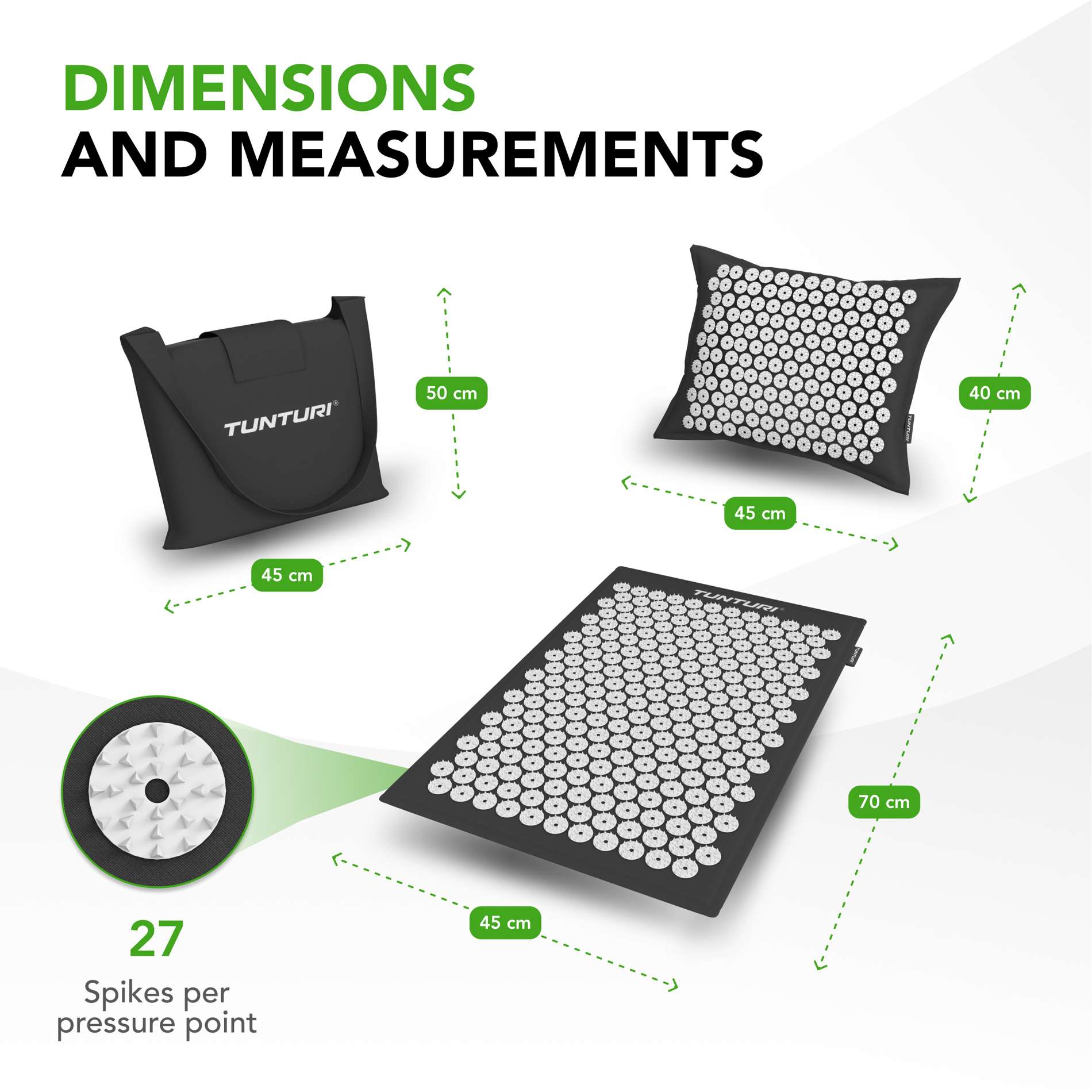 Akupunktuurimatt ja -padi TUNTURI PRO Acupressure Mat And Pillow, Black