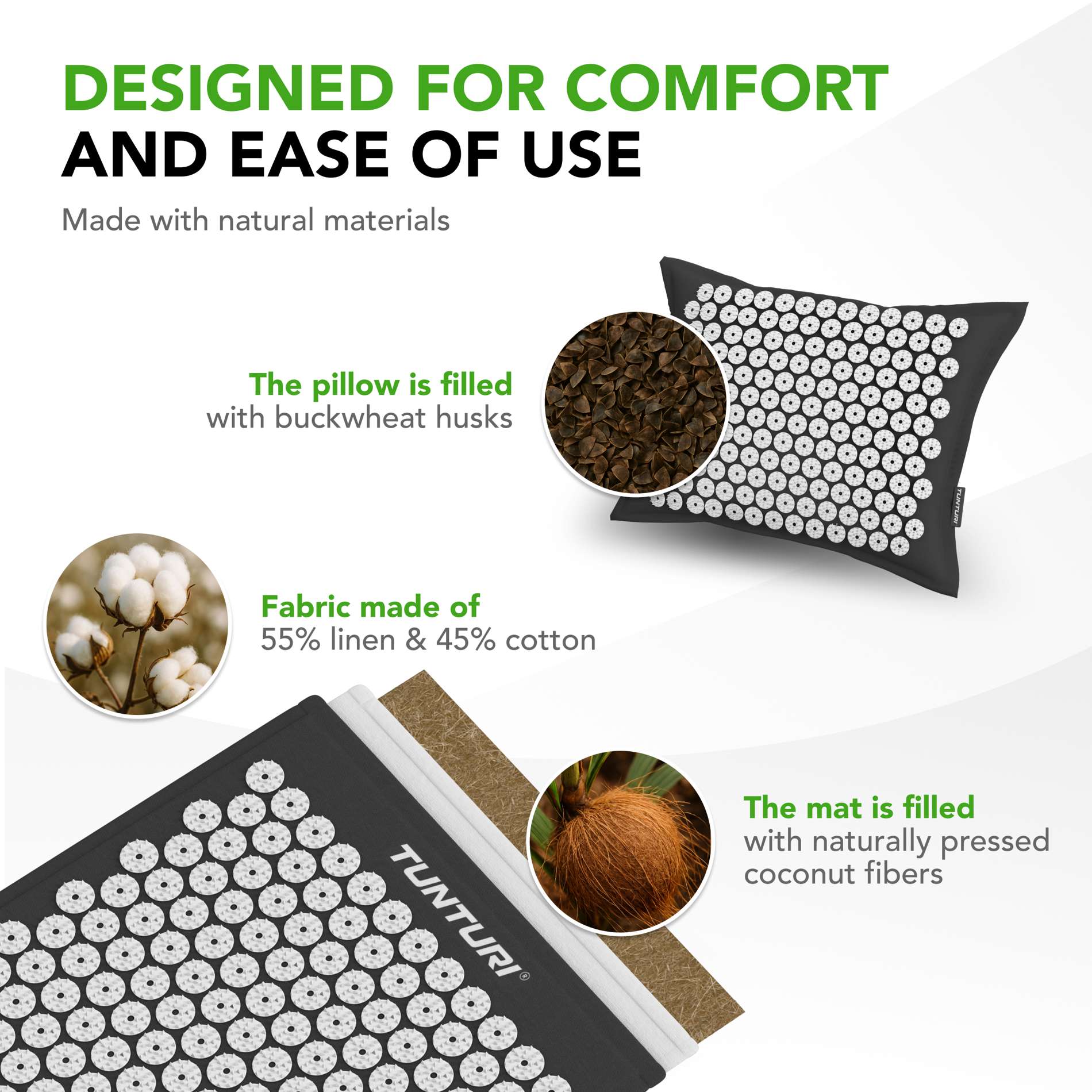 Akupunktuurimatt ja -padi TUNTURI PRO Acupressure Mat And Pillow, Black