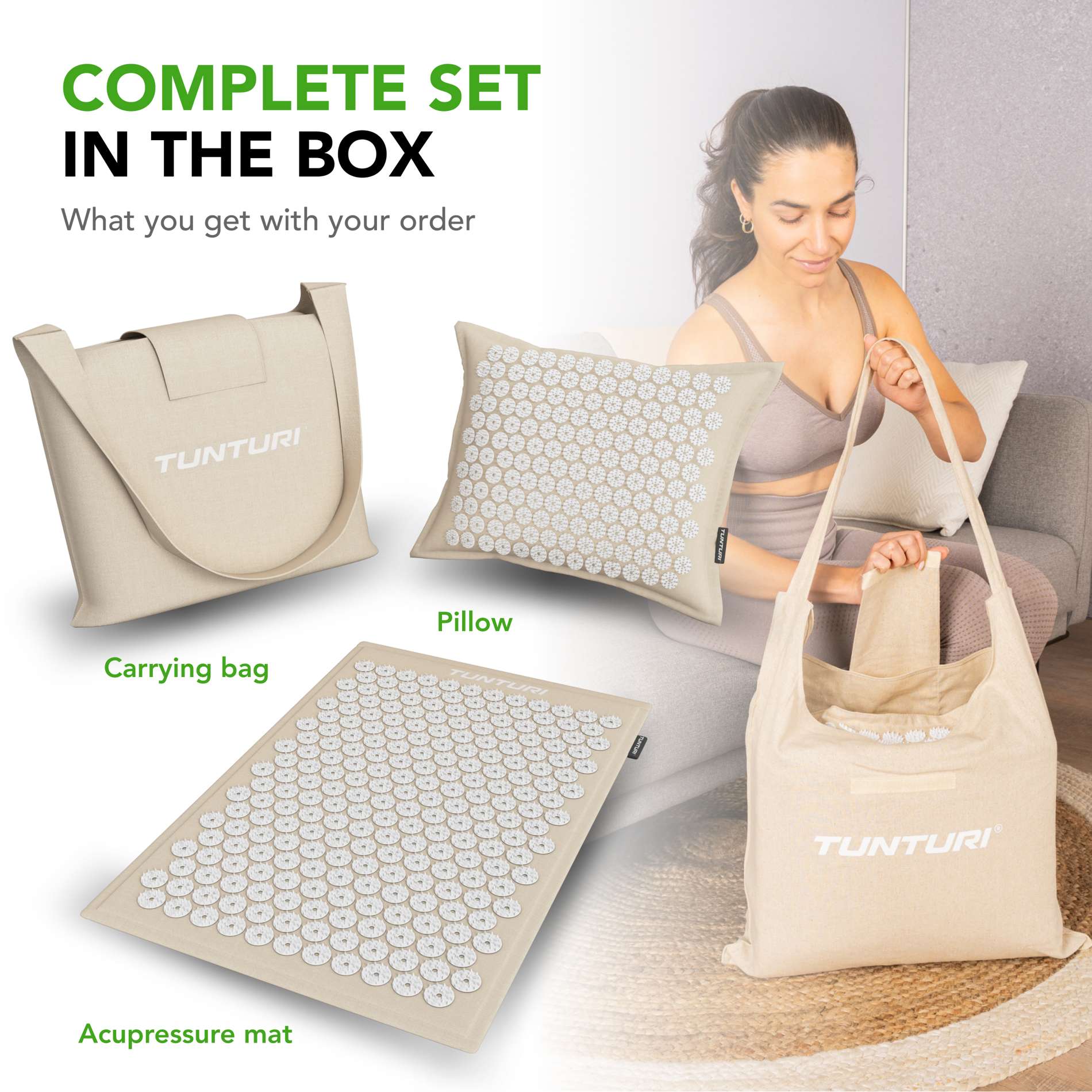 Akupunktuurimatt ja -padi TUNTURI PRO Acupressure Mat And Pillow, Beige