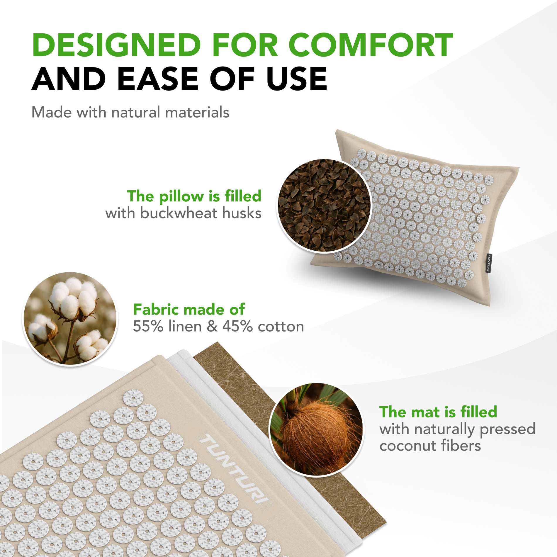 Akupunktuurimatt ja -padi TUNTURI PRO Acupressure Mat And Pillow, Beige