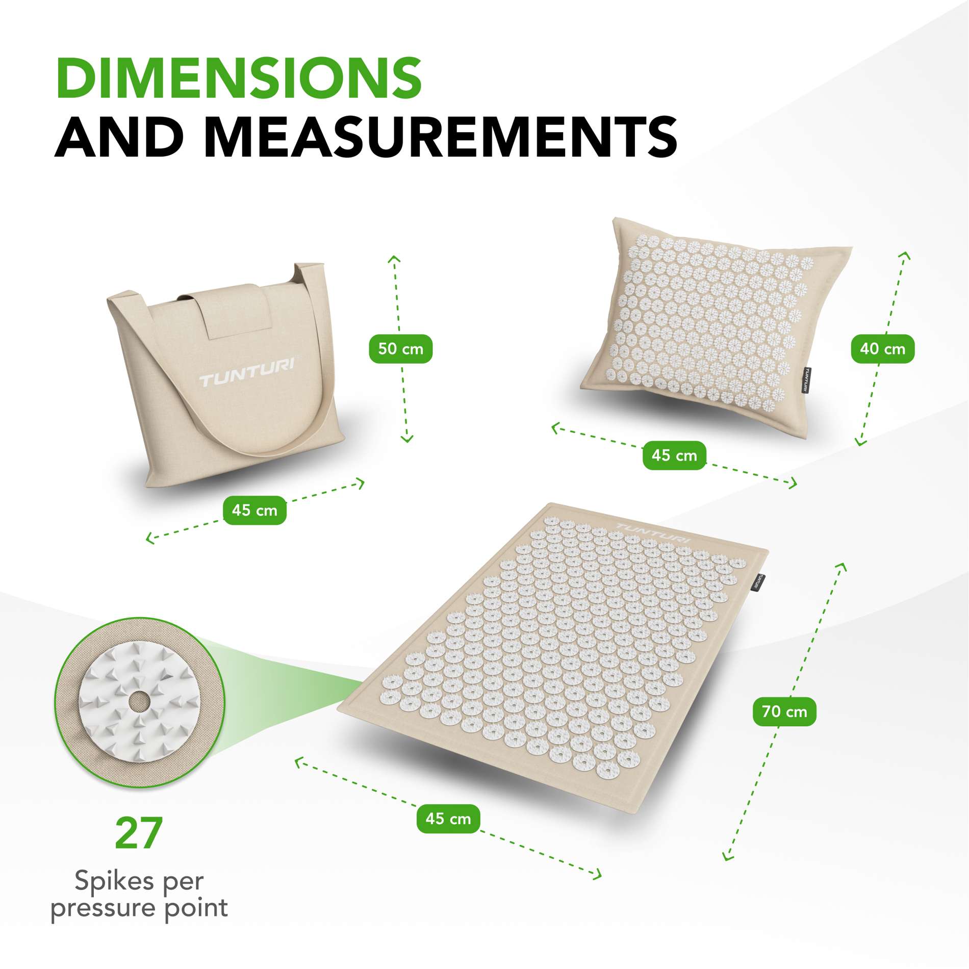 Akupunktuurimatt ja -padi TUNTURI PRO Acupressure Mat And Pillow, Beige