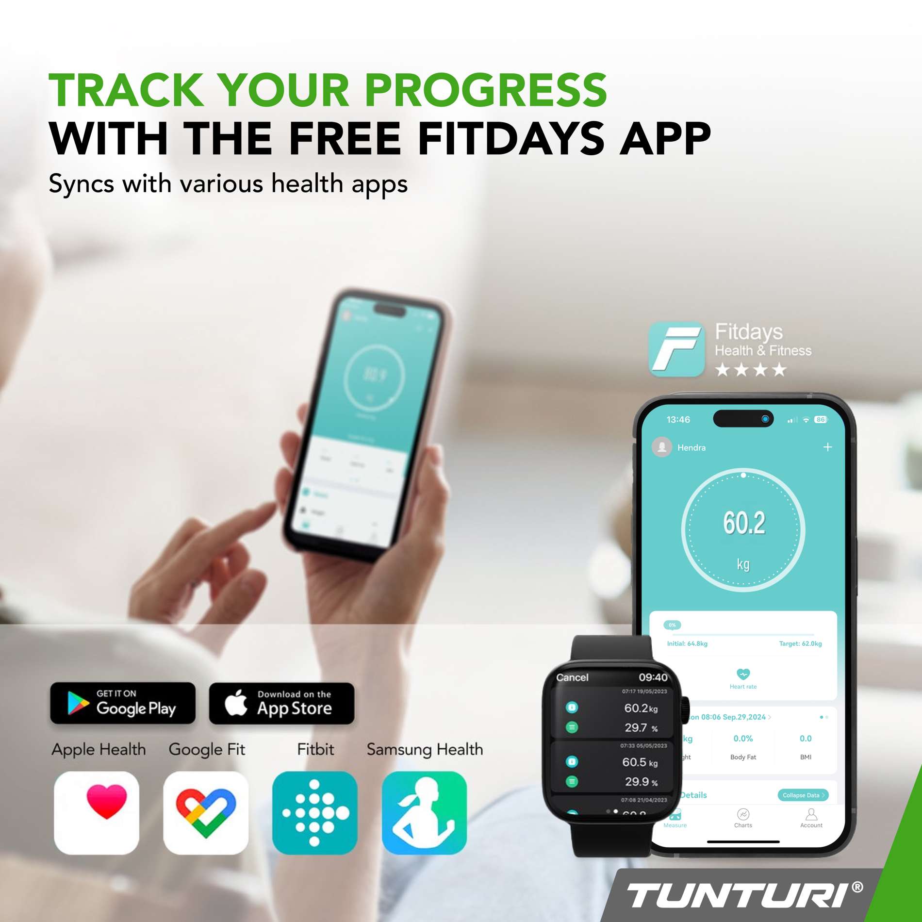 Kaal TUNTURI SC30 Smart Scale with App, valge